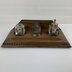 Wooden Oak Pen Holder Desk Set w/ Two Cut Glass Square Inkwell Bottles Stand VTG